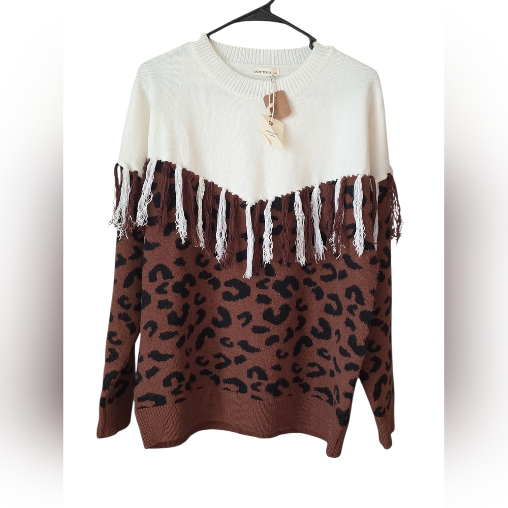 ANDTHEWHY Brown & White Leopard Print Sweater with fringe in size S/M